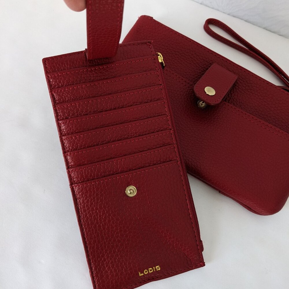 LODIS Red Pebbled Leather Wristlet Wallet Credit Card Stacker Gold Hardware 5x8 - Picture 4 of 16